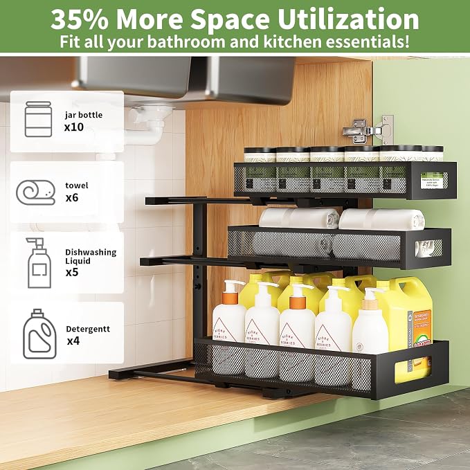 Under Sink Organizer,3-Tier Heavy Duty Pull out Cabinet Organizer Shelf | Height Adjustable,Thickened Metal,Slide out Storage Drawer Rack for Kitchen Bathroom Pantry Laundry Home Organization