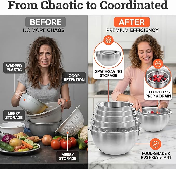 DUTZUN Stainless Steel Mixing Bowls with Colander | 5 Mixing Bowl with 1 Strainer for Kitchen, Salad, Prep, Serving, Food Storage & Cooking