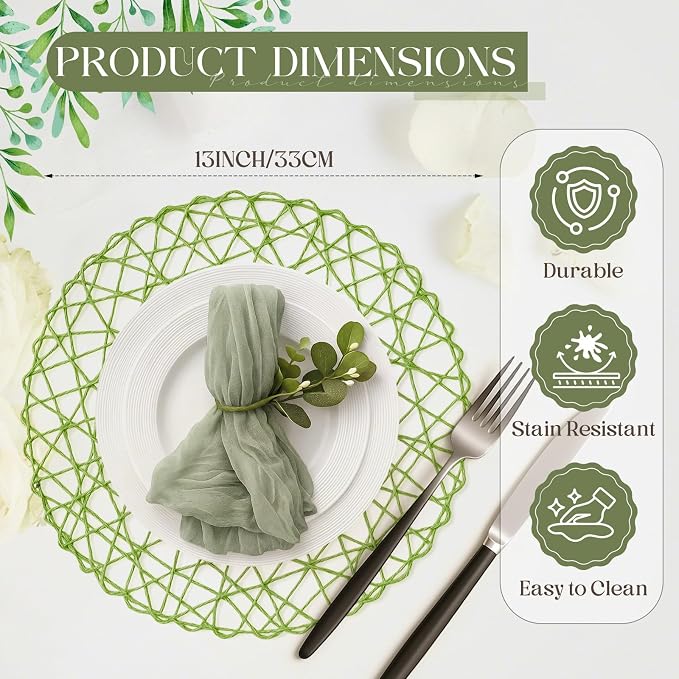Geosar Round Woven Placemats Bulk Rustic Paper Braided Placemats Boho Natural Non Slip Heat Resistant Table Mats for Wedding Party, Dinner Table Centerpiece Decoration, 13 Inch (Green,24 Pcs)