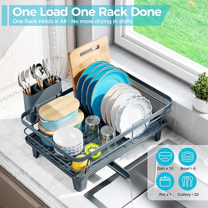 Urakify Dish Drying Rack for Kitchen Counter, 16.5" L x 12.2" W, Blue | Large Dish Drainer with Cutlery Holder, Sink Dish Rack with Drainboard for plate dish silverware, Space Saving