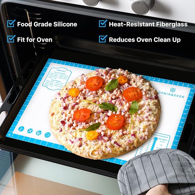 DANIA & DEAN 28"x20" Large Durable Silicone Baking Mat for Pastry and Bread | Non-Slip & Non-Stick Mat with Measurements, for Pizza, Pie Crust, Dough Rolling, Pasta & Sourdough, Reusable Counter Sheet