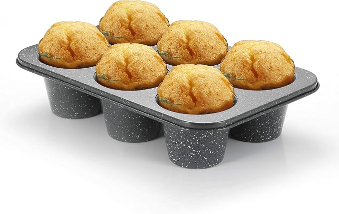Monfish Jumbo Deep Muffin Pan 6 Cup Carbon Steel Gray Stone non Stick Coating Muffin Tin 3.5diax3inch cup