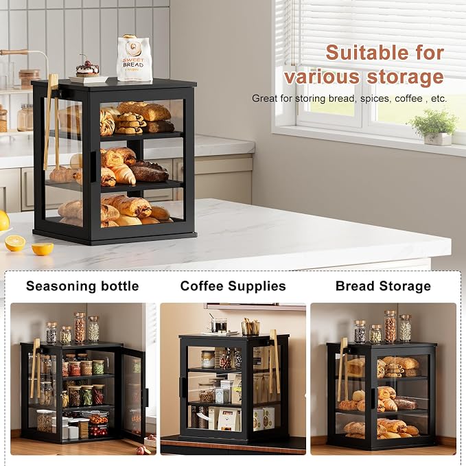 WOWLIVE Bread Box for Kitchen Countertop, 3 Layers Bread Storage Container | Large Bamboo Bread Bin for Homemade Bread with Window, Farmhouse Breadbox Organizer for Kitchen, Cabinet, Black, Extra Large