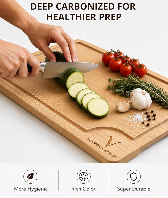 Bamboo Cutting Boards for Kitchen - Premium Carbonized Bamboo Cutting Board Set of 3 with Deep Juice Groove, Side Handles & Stand, Heavy Duty for Meat, Charcuterie & Serving