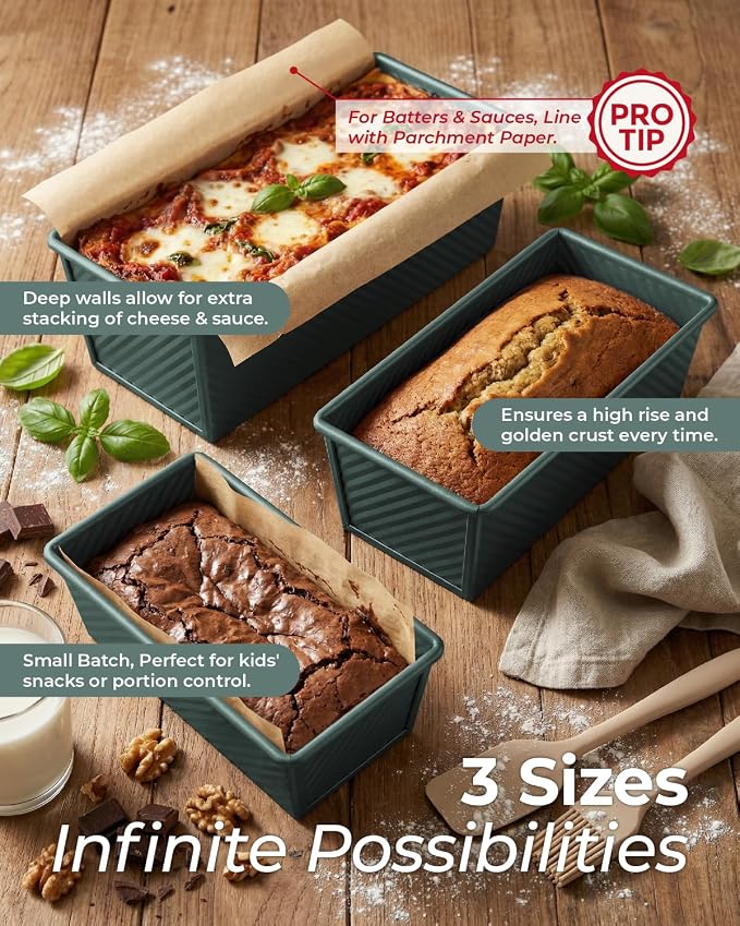 CARTMAN 3-Piece Pullman Loaf Pan with Lid, 2.2/1/0.8 LB Bread Pan, Green | Includes 2.2/1/0.8 LB sizes & silicone tools, bottom vents, nonstick carbon steel, nesting storage, for bread & brownies