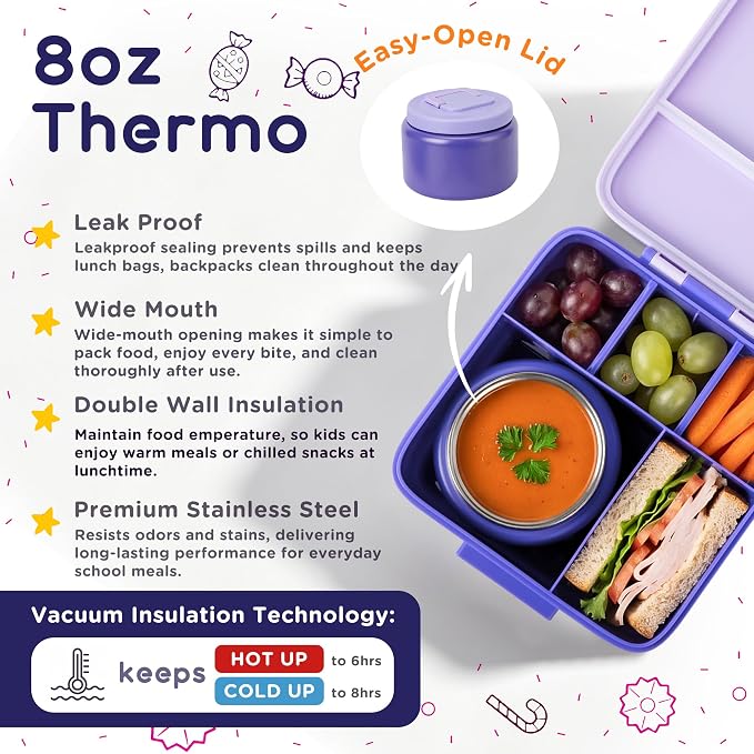 Bento Lunch Box for Kids with 8oz Thermo Containers for School,Camping | Vacuum Insulated Food Jar,Leakproof Silicone-Seal,5 Compartments with Dividers,Dishwasher & Refrigerator Safe,BPA-Free