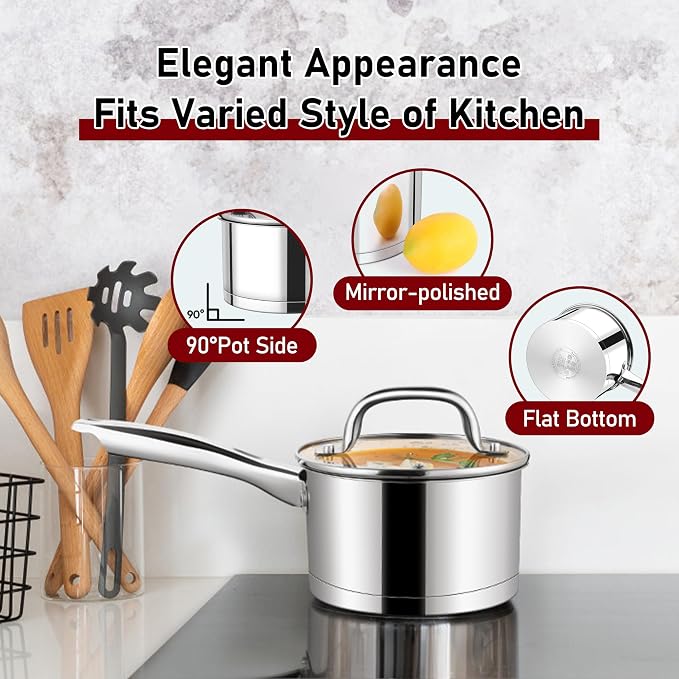P&P CHEF 1 &2 Qt Saucepan with Lid, Stainless Steel Small Cooking Pot 2 Pan | Sauce Pan for Pasta, Soup, Tri-ply Base for Induction, Gas, Ceramic, Oven & Dishwasher Safe, Ergonomic Handle & Multi-use