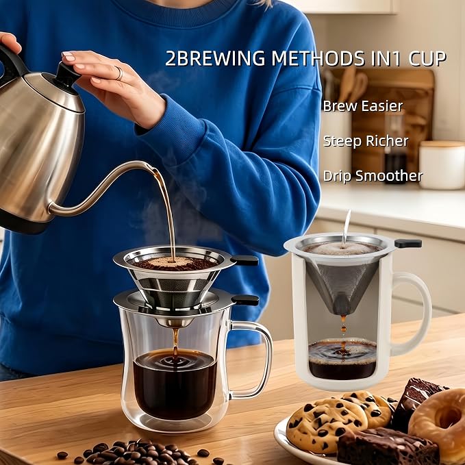 2-in-1 Immersion & Pour Over Coffee Maker,Reusable Stainless Steel Pour Over Coffee Dripper, V60 Style with Detachable Stand, Paperless Metal Coffee Filter for Single Cup Brewing