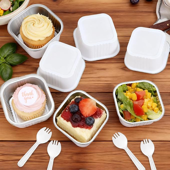100 Pack White 10oz Pink Mini Cake Pans With Lids, Aluminum Foil Square Brownie Baking Cups,Disposable 4”x4” Large Cupcake Pan,Jumbo Muffin Tin Ramekins Holders