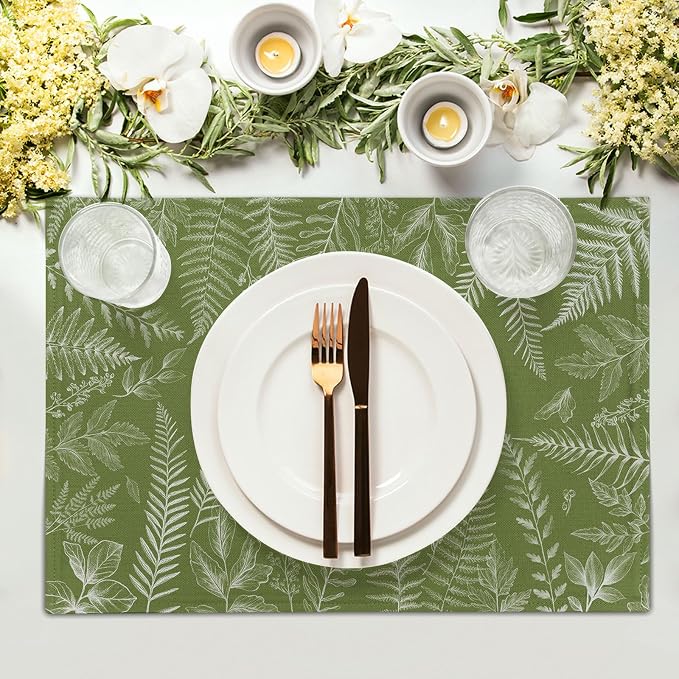 Spring Wild Fern Leaf Plants Placemats Set of 4, 12 x 18 Inch Green Place Mats Washable Kitchen Dining Linen Table Mats for Dining Table Kitchen Decoration