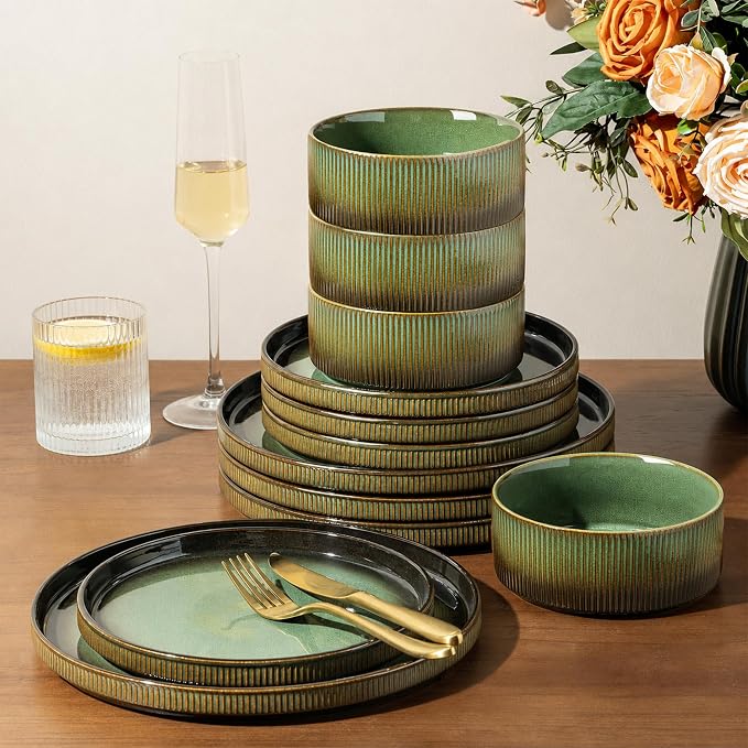 GBHOME Stoneware Dinnerware Sets for 4, 12-Piece Plates and Bowls Set | Handmade Reactive Glaze Ceramic Dish Set, Scratch Resistant, Dishwasher&Microwave Safe,Mocha & Green