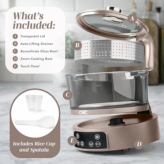 COOK WITH COLOR Glass Mini Low Carb Rice Cooker – Holds 2 Cups Raw/Makes 6 Cups Cooked with Auto Lift Filter Basket, Hotpot & Steamer for Rice, Grains, Digital Panel with Keep Warm, Goat/Mink