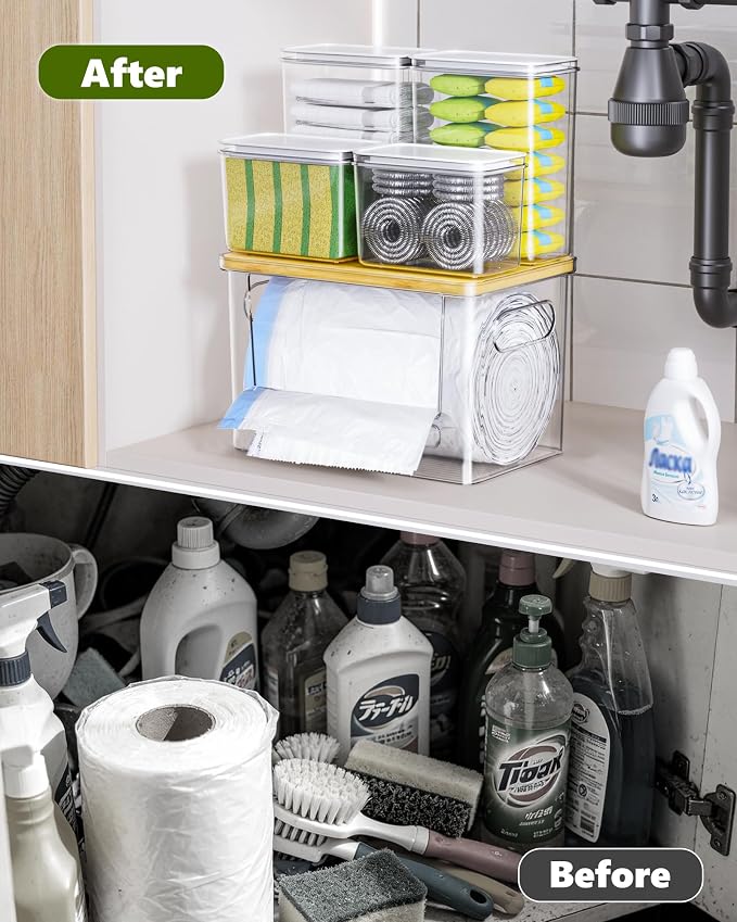 iCASA 5 in 1 Trash Bag Holder Dispenser Dishwasher & Laundry Pods Container | Large Stackable Under Sink Organizer Garbage Bag Dispenser for 13/30/33 Gallon Bags, Kitchen Pantry Clear Storage Bins