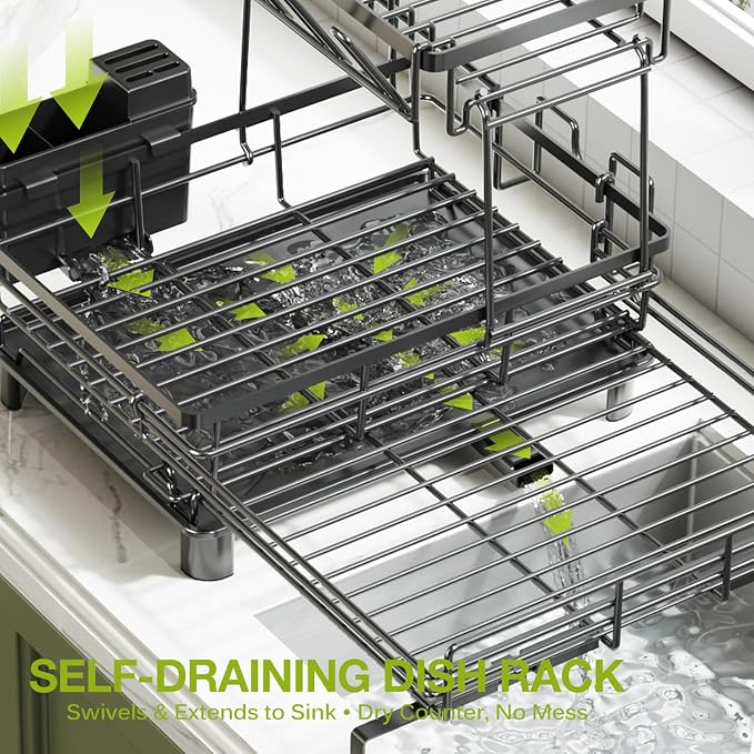 2-Tier Expandable Dish Drying Rack for Kitchen Counter, Black | Large Capacity Dish Rack Organization, Heavy-Duty Carbon Steel, 17 lbs Capacity, Swivel Drain Spout & Cup Hooks