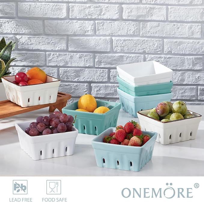 ONEMORE Berry Basket Ceramic Berry Bowls with Holes Square Fruit Bowl Berry Colander Containers for Fridge - 5.8" Fruit Basket for Kitchen Décor, Set of 2, White