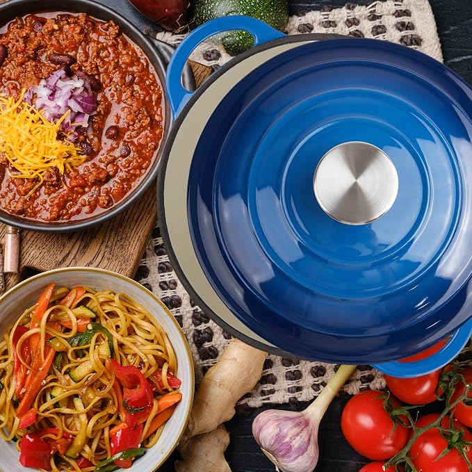 3 Quart Dutch Oven Enameled Cast Iron with Lid - Big Dual Handles - Oven Safe up to 500°F - Classic Round Pot for Versatile Cooking Blue