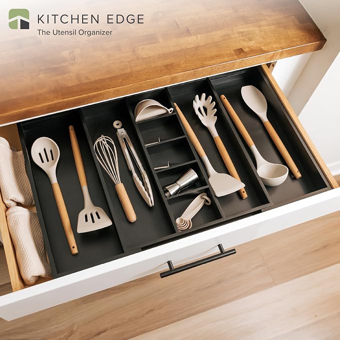 Utensil & Junk Drawer Organizer, 16-28 in, Black Bamboo | Food-safe contract grade, 100% sustainable wood, non-slip, adjustable