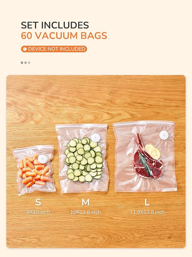 Reemix 60 Pcs Vacuum Sealer Bags (8"x10", 10"x13.8", 11.8"x13.8") | with Upgraded Silicone Air Valve, BPA-Free Food Grade, Sous Vide Safe, Air Valve Zipper Bags