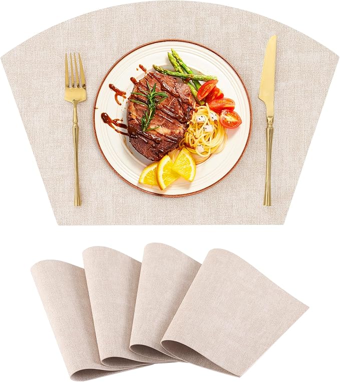 Homaxy Wedge Faux Leather Placemats for Round Table, Set of 4, Beige | Waterproof Wipeable Washable Table Mats, Easy to Clean Anti-Slip Place Mats, 11.8" x 17"