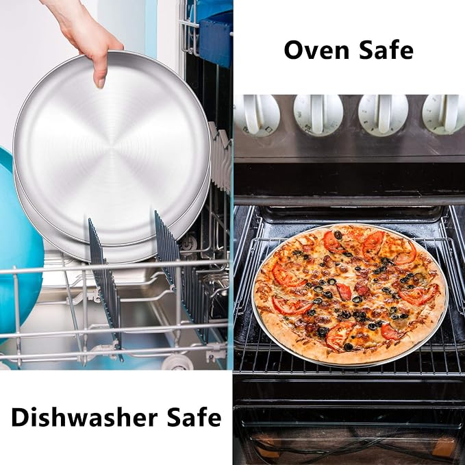 P&P CHEF Pizza Pan Set of 2, 12 Inch Stainless Steel Pizza Tray, Silver | 2 Pieces Round Pizzas Plate for Pie Cookie Cake, Good For Baking Cooking Roasting, Non Toxic & Heavy Duty, Dishwasher Safe