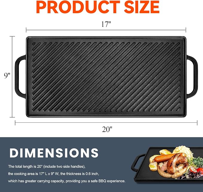 GGC Cast Iron Reversible Griddle | Double-sided Griddle Pan for Stove Tops and Gas Grills, 17"x 9" Rectangle Griddle Plate with Flat and Ribbed Side for Cooking