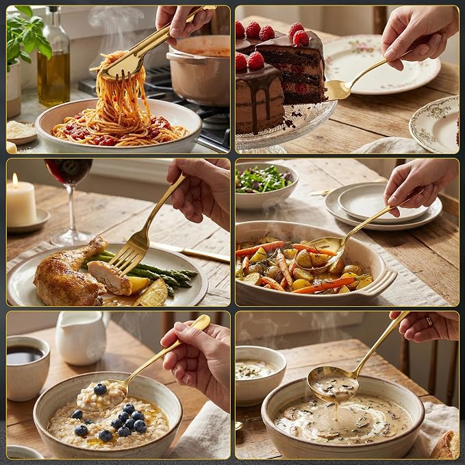 30 Pcs Gold Serving Utensils Set Include Stainless Steel Large Serving Spoons Slotted Spoons Forks Soup Ladle Pie Server - Metal Utensils for Parties Buffet Catering, Dishwasher Safe