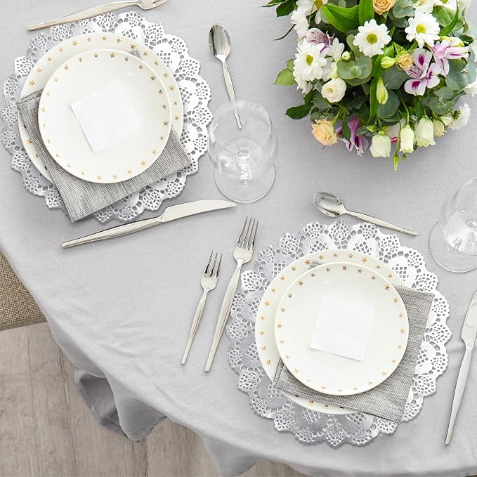 MCEAST 100 Pack Round Silver Paper Doilies 13.5 Inches Lace Paper Place Mats Rustic Scallop Doily Disposable Table Pads for Food Cakes Crafts Party Weddings Tableware Decor