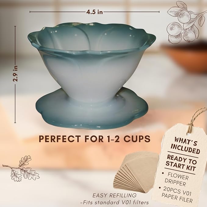 Ceramic Pour Over Coffee Dripper Flower Shape V60-01 (Jade) | 20Pcs filters included, Wide base fits most mugs, Sturdy quality ceramic, Balanced taste coffee brew