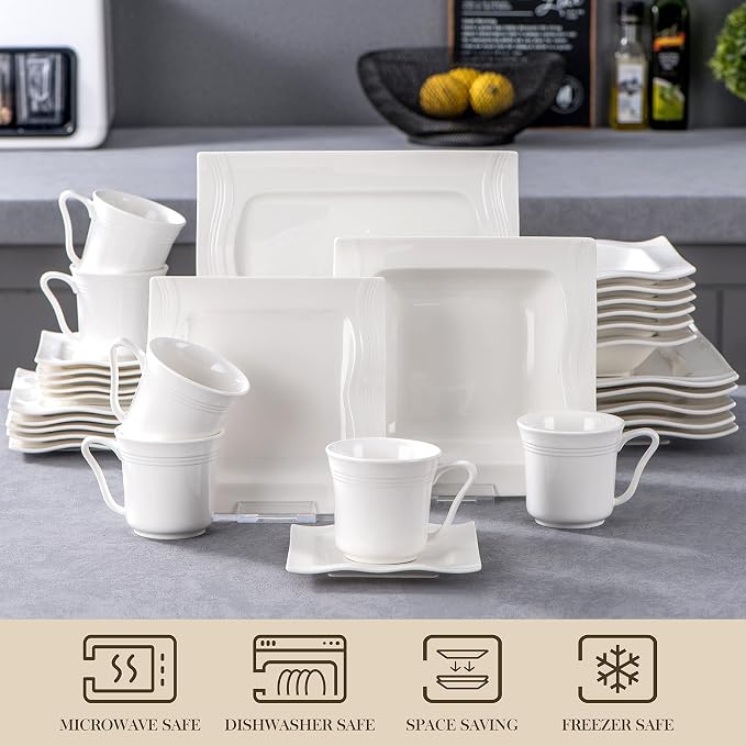 MALACASA 30 Pieces Dinnerware Sets, Modern Ivory White Plates and Bowls Sets for 6, Porcelain Dish Set with Dinner Plate, Dessert Plate, Soup Plate, Cup and Saucer, Square Dishware Set, Series Mario | Complete with Plates, Bowls, Cups, Saucers, Microwa...