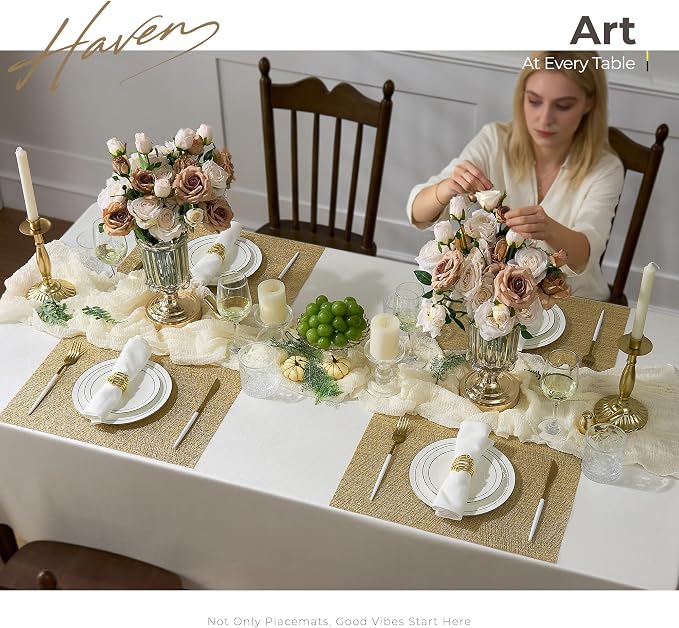Leetaltree Gold Placemats Set of 8 - Heat Resistant Non-Slip Place mats for Dining Table, Washable Durable PVC Vinyl Woven Table Mats(Luxury Gold, 8)