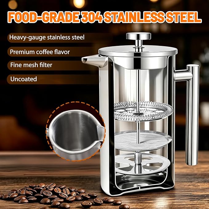 304 Thickened Stainless Steel 800ml French Press 27.05oz Moka Pot | Coffee Maker French Coffee Presses Cold Brew Cafetera Tea pot for Home & Camping Gifts Decor Bar Accessories Silver