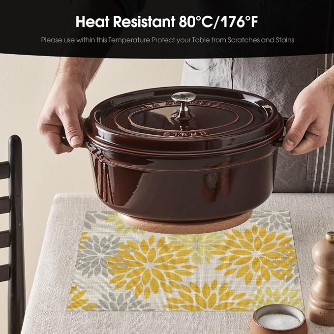 Artoid Mode Floral Plastic Placemats Set of 6, 12x18 Inch Washable Non-Slip Plastic Vinyl Place Mats for Party Kitchen Dining Decor, Yellow