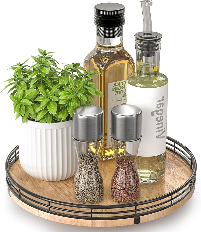 AMH 10-Inch Farmhouse Oak Lazy Susan Organizer for Cabinet | Smooth rotating oak tray with walnut finish for dining tables, kitchen counters, pantries and cabinet storage.