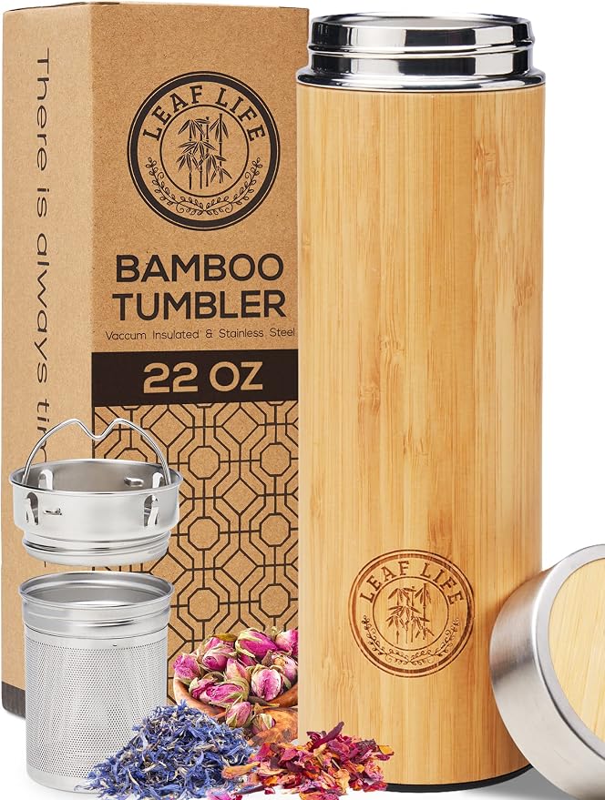 LeafLife Premium Bamboo Tea Tumbler with Infuser for Loose Leaf Tea | Insulated Coffee Bottle, Stainless Steel Gift Set, Leakproof Travel Mug, 22oz