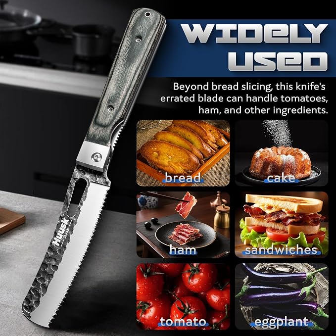 Huusk Japanese Folding Bread Knife - Pocket Knife with Wide Wavy Edge | Hand Forged Blade, Wooden Handle, Gift Box, For Homemade Bread, Steak and Tomato, For BBQ, Camping and Travel