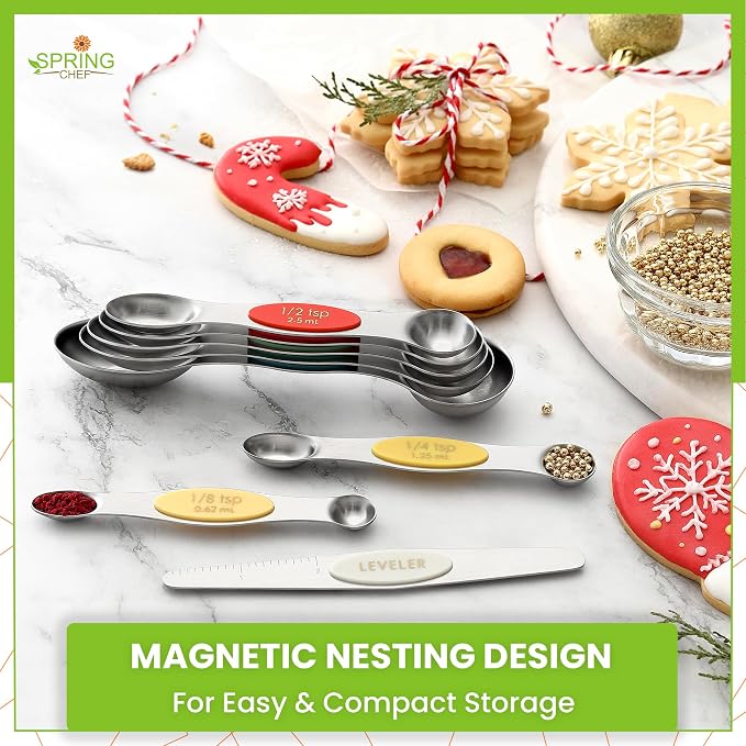 Spring Chef Stainless Steel Magnetic Measuring Spoons Set of 8, Very Merry | Dual Sided Metal Teaspoon & Tablespoon Measuring Spoons with Leveler for Dry & Liquid Ingredients, Fits in Kitchen Spice Jars