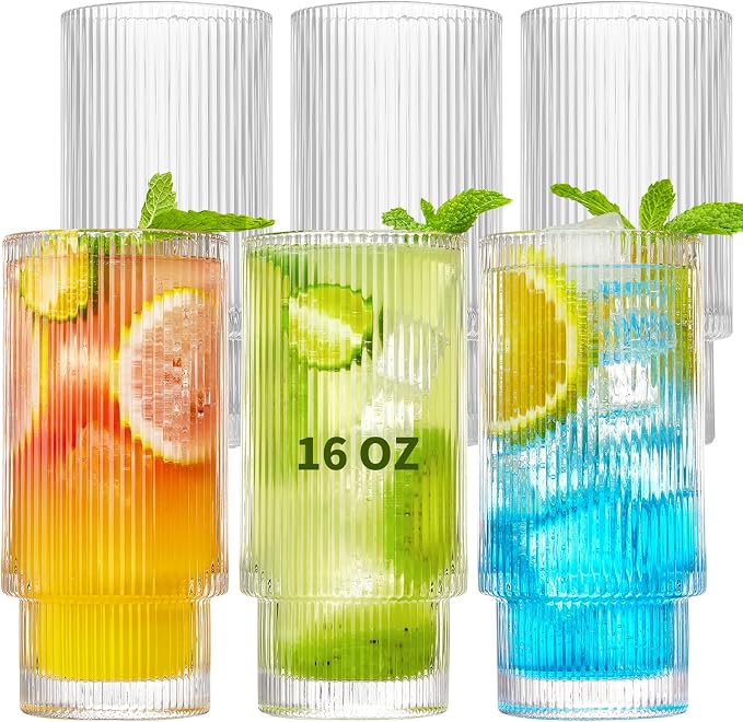 Qipecedm® 6 Pack Ribbed Drinking Glasses, 16 oz Vintage Glass Cups, Highball Glasses, Premium Iced Coffee Glasses, Clear Glass Tumbler, Cocktail Glasses, Elegant Glassware for Water Juice Whiskey Beer