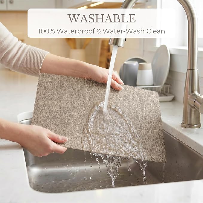 Romanstile Vinyl Placemats Set of 4-12 X 17 Inch - Faux Leather 100% Waterproof Wipeable Anti Slip Place Mats, Heat Resistant Reversible PU Table Mats for Kitchen Dining Party Outdoor, Khaki