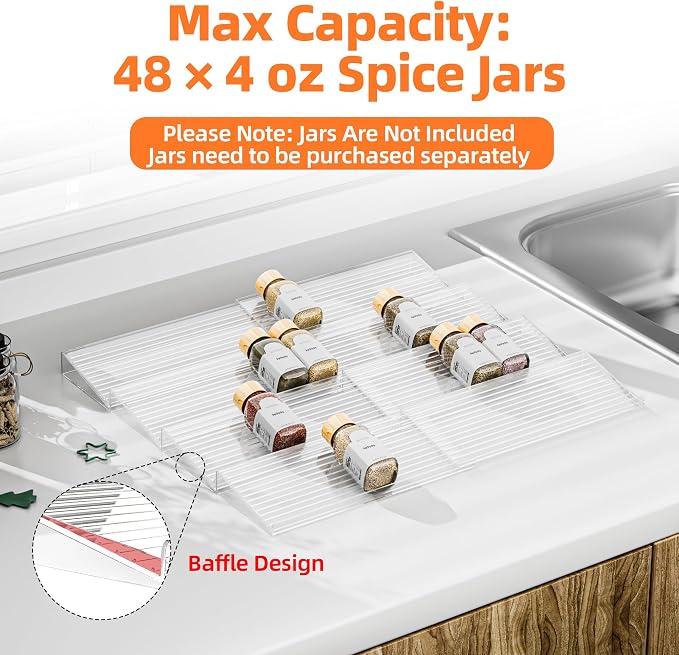 MUDEELA Clear Spice Drawer Organizer, 4 Tier- 2 Set (8 Packs) Spice Rack for Drawer, Expandable From 11" to 22" Kitchen Seasoning Organizers and Storage for Drawer (Jars not included)