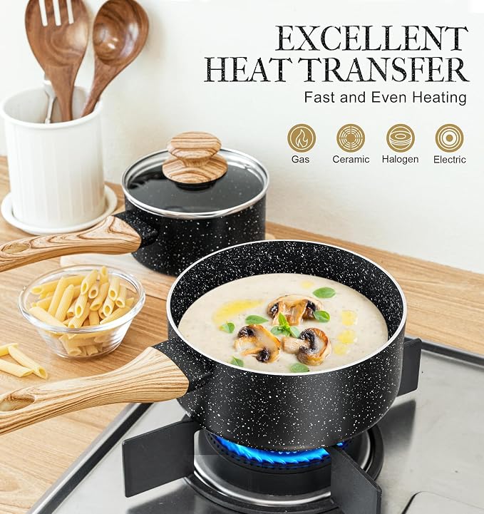 MICHELANGELO Saucepan Set, 3-Piece Nonstick Sauce Pans with Lids, 1QT, 2QT, 3QT, Black Granite Stone
