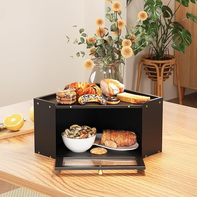 Trironsun Corner Bamboo Bread Box for Kitchen Counter Large Capacity Rustic Bread Storage Container with Wavy Arcylic Transparent Door Vintage Storage for Homemade Bread (Black)