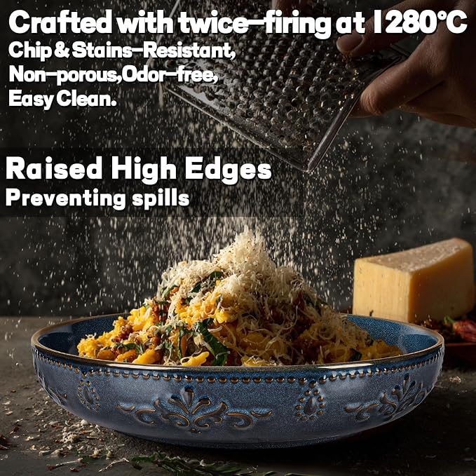Pasta Bowls, 50oz Large Salad Serving Bowls, 9.75'' Plates Bowls Set of 4, Big Ceramic Soup Bowls for Kitchen, Embossment Shallow Dinner Bowl, Microwave Dishwasher Safe, Multiple Patterns, Blue