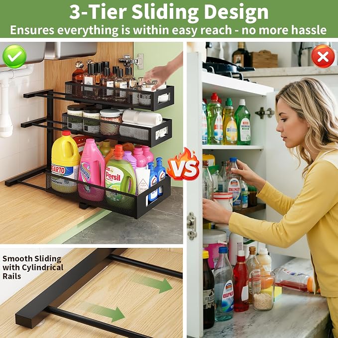 Under Sink Organizer,3-Tier Heavy Duty Pull out Cabinet Organizer Shelf | Height Adjustable,Thickened Metal,Slide out Storage Drawer Rack for Kitchen Bathroom Pantry Laundry Home Organization
