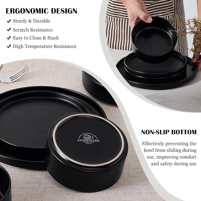 E-far Black Dinnerware Sets for 6, 18-Piece Stoneware Plates and Bowls Dish Set, Modern Kitchen Dinning Dishware, Chip and Scratch Resistant, Microwave & Dishwasher Safe, Matte Black