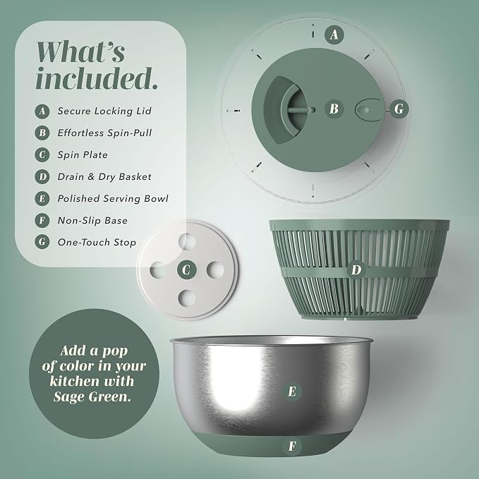 COOK WITH COLOR Stainless Steel Salad Spinner - 5 Qt. Lettuce Washer And Vegetable Spinner Dryer for Easy Salad Prep - Non Slip Base with Pull Handle - Auto Stop Brake System, Stain and Odor Resistant