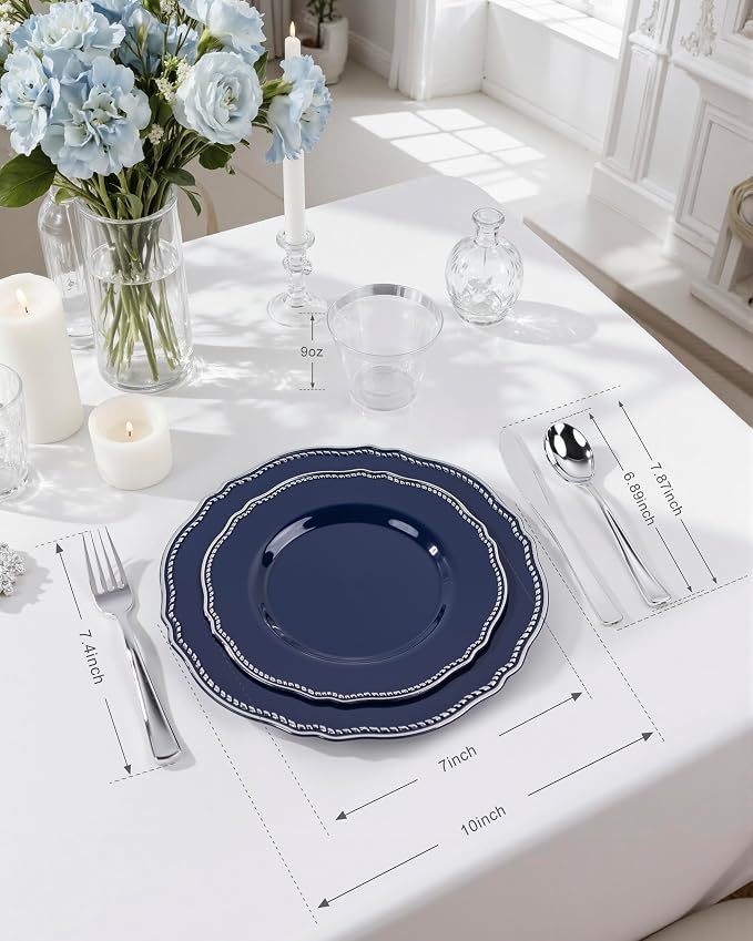 350 Pcs Blue Silver Plastic Plates Wedding & Party | Silver Plastic Dinnerware Set Includes 50 Dinner Plates, 50 Dessert Dinnerware, 50 Cups, 50 Napkins