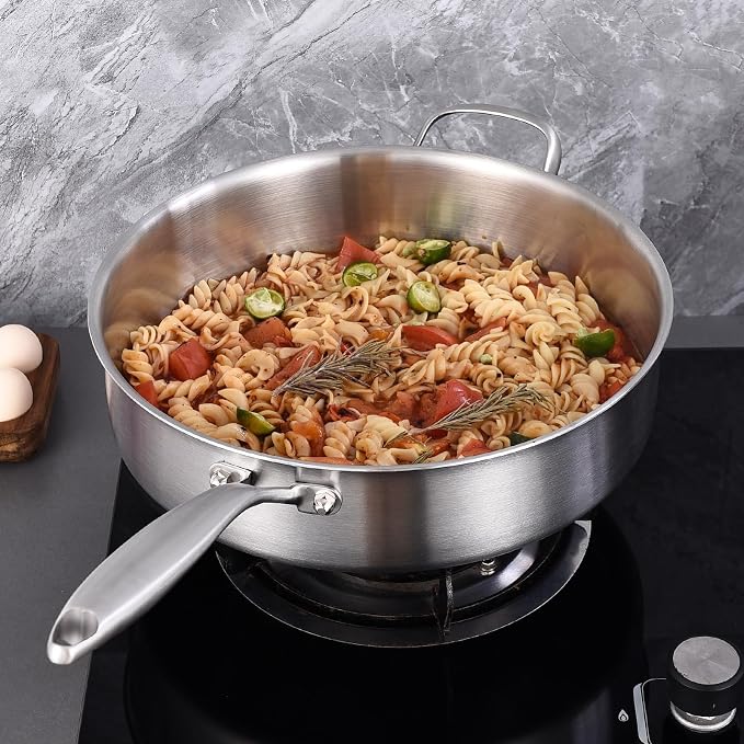5-Quart Tri-Ply Stainless Steel Saute Pan wih Lid | 12 Inch Deep Frying Pan | Induction Cooking Skillet | Jumbo Cooker | Dishwasher and Oven Safe | Detachable Handle | Compatible with All Cooktops