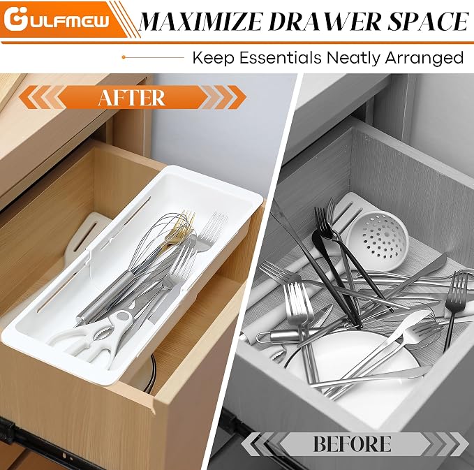 1 Pack Deep Drawer Organizer Adjustable Storage Bin(12.4-17.7") | Adjustable Width Design, Maximize Drawer Storage, Kitchen & Home Organization Solution