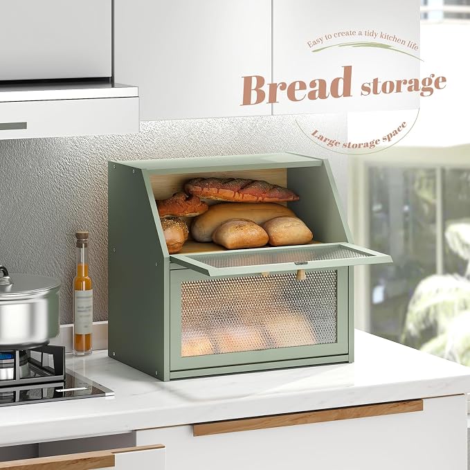 STDDRE Bread Box for Kitchen Countertop Bin Double Layer Bread Box Storage Container Extra Large Capacity Farmhouse with Diamond Pattern Windows (Green, Extra Large)