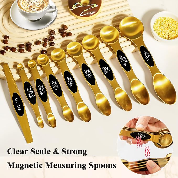 13pcs Gold Stainless Steel Measuring Cups and Spoons Set, Including 8 Double-Sided Magnetic Measuring Spoons Set & 1 Leveler, 4 Metal Measuring Cups, Kitchen Accessroies for Cooking & Baking